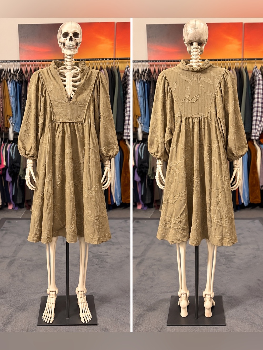 Umgee Olive Midi Dress with Textured Square Yoke and Puff Sleeves
